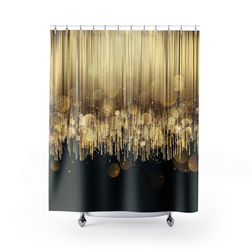 Elegant black and gold shower curtain with bokeh pattern