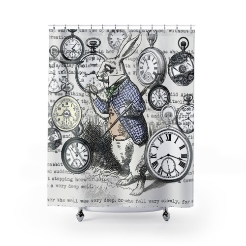 Alice in Wonderland Themed Shower Curtain with White Rabbit and Watches