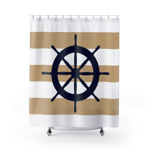 Nautical Navy Blue Shower Curtain with Tropical Stripes