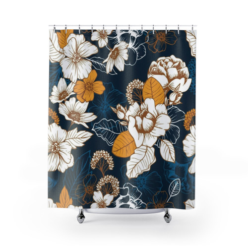 Navy and gold peony floral shower curtain