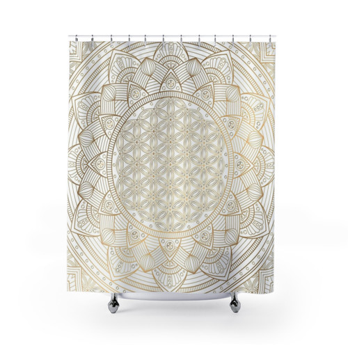 Gold Mandala Pattern Shower Curtain with White Shimmer