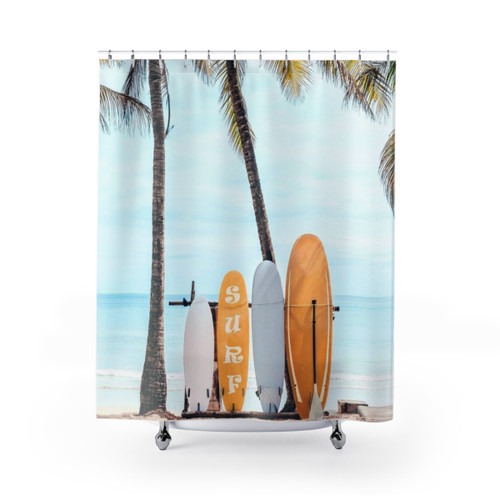 Surfboard Shower Curtains with Beach and Ocean Scenery