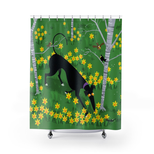 Daffodil Hound Shower Curtains - Greyhound, Lurcher, Whippet Art