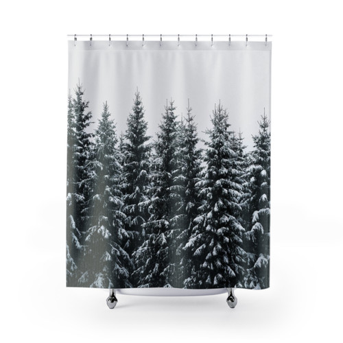 Misty forest shower curtain featuring trees covered in fog