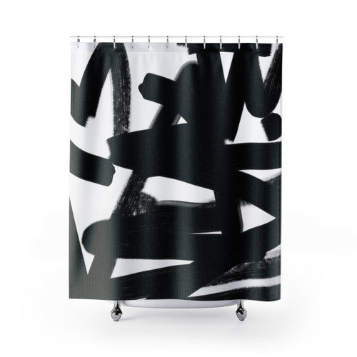 Textured abstract shower curtains with black and white paint strokes