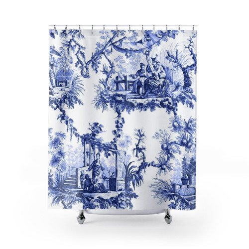 Beautiful blue chinoiserie toile shower curtain