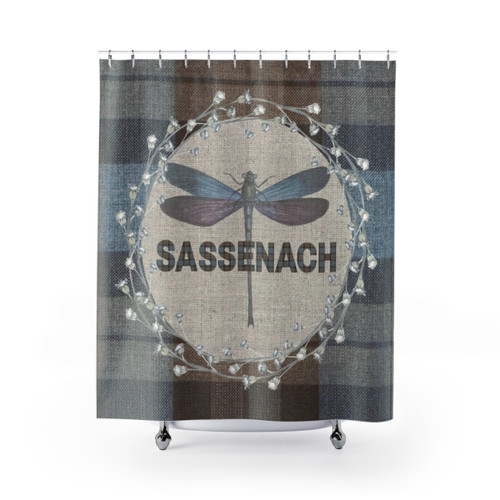 Outlander Fraser Tartan Shower Curtain with Sassenach Dragonfly Design