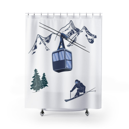 Ski-themed shower curtain with a winter sports scene