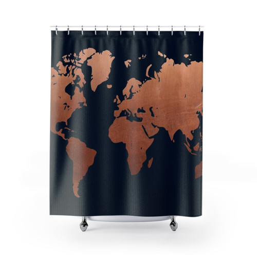 Navy blue and copper world map shower curtain