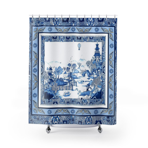 Blue Willow Chinoiserie Double Frame Shower Curtains