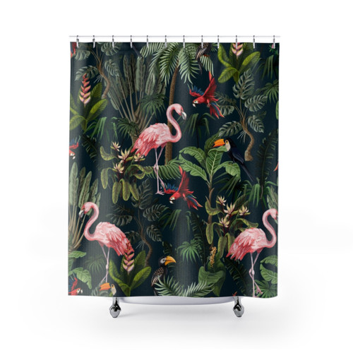 Jungle pattern shower curtain with toucan, flamingo and parrot