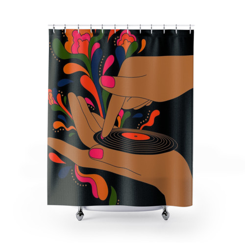 Psychedelic Retro Shower Curtains featuring a vintage record player design
