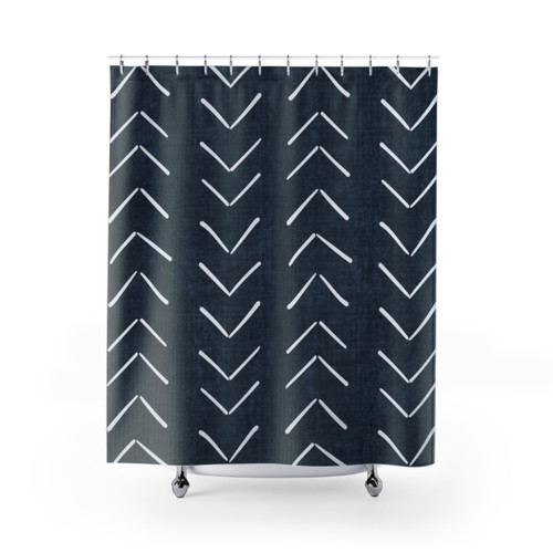 Navy blue boho shower curtain with large geometric arrow pattern