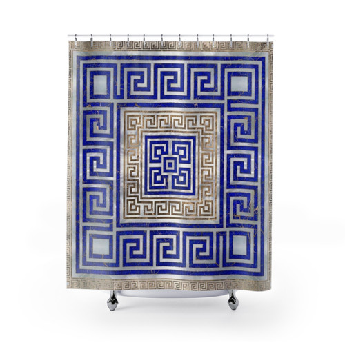 Greek Key Ornament Shower Curtains in Lapis Lazuli and Gold