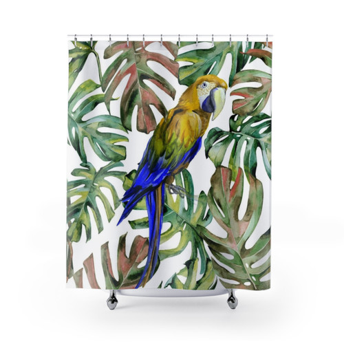 Watercolor parrot in jungle shower curtain