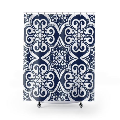 Navy Blue Moroccan Tile Pattern Shower Curtain