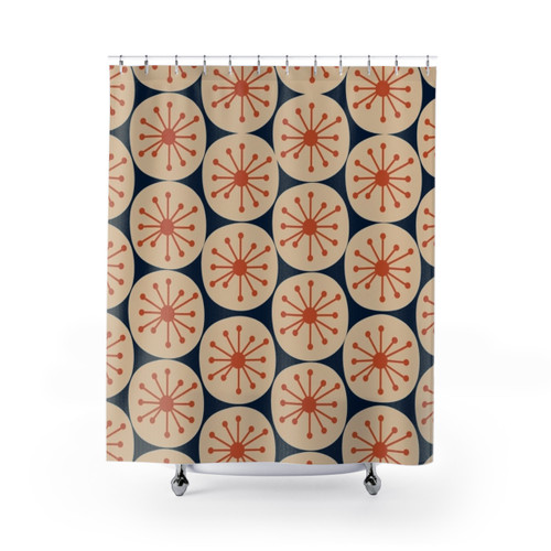 Retro Midcentury Modern Shower Curtains with Atomic Dot Pattern