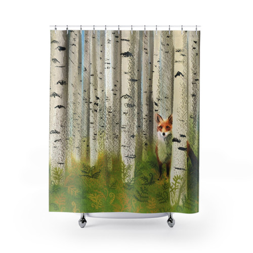 Autumn Birch Forest Fox Shower Curtain