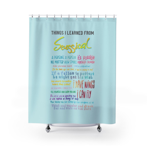 Seussical-themed shower curtain with movie and theatre quotes