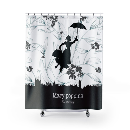 Mary Poppins Themed Shower Curtain with Iconic Silhouette and London Skyline