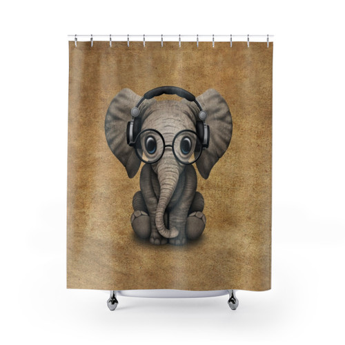 Cute baby elephant DJ wearing headphones and glasses on shower curtain
