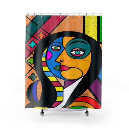 Funky abstract Mona Lisa art face shower curtains