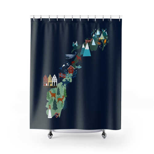 Norway Souvenir Shower Curtains with Norwegian Flag, Map and Landmarks