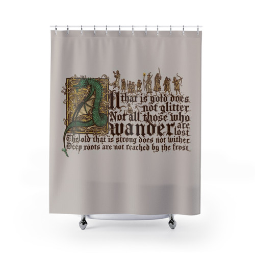 Lord of the Rings themed shower curtain with illuminated manuscript design