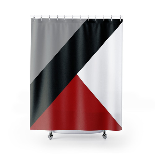 Black and white diagonal stripe shower curtain with triangles