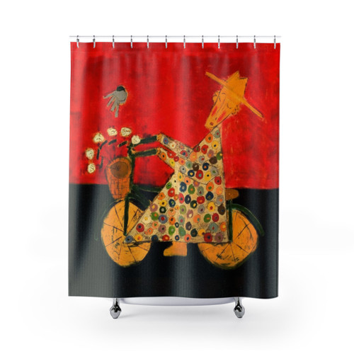 Bicycle Monk and Bluebird Shower Curtains for Unique Bathroom Decor
