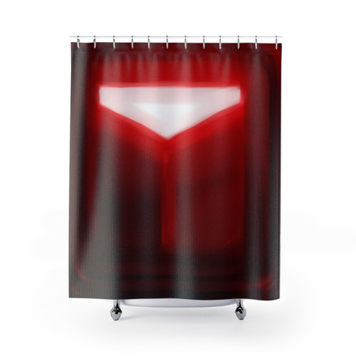 Beat Saber themed shower curtain with red blocks