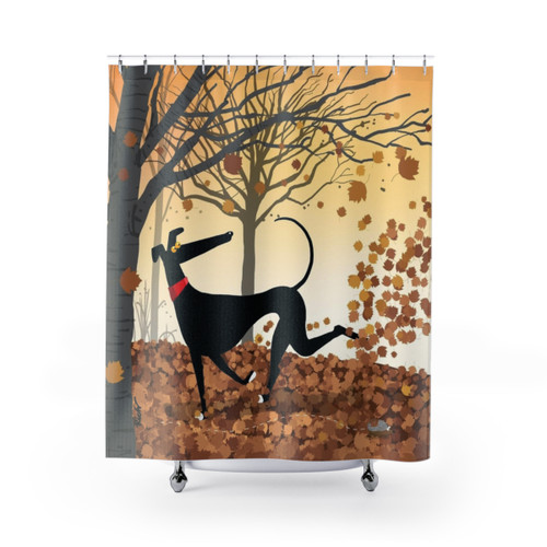 Autumn Hound Shower Curtains featuring Greyhound, Whippet, and Lurcher artwork