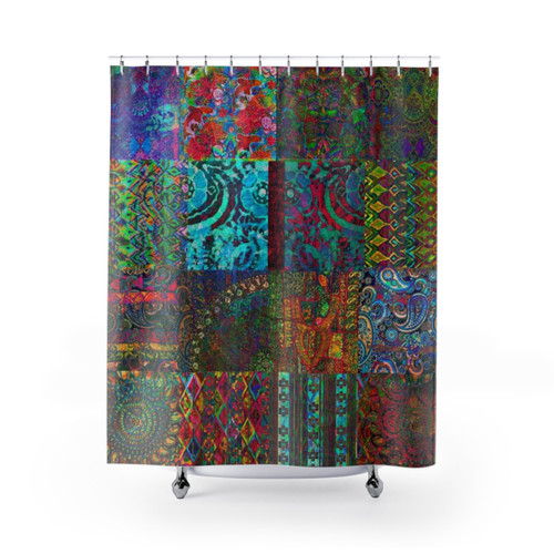 Bohemian Shower Curtains with Vibrant Collage Design