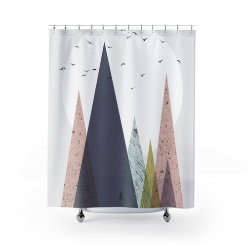 Scandinavian-inspired mountains shower curtain