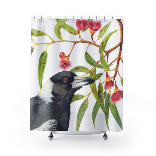 Australian Magpie and Eucalyptus Watercolor Painting Shower Curtain