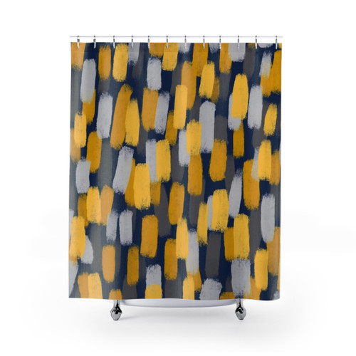 Abstract grey and mustard yellow paint brush effect shower curtains