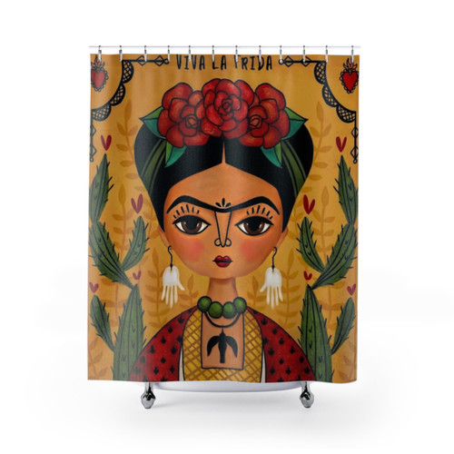 Frida Kahlo inspired shower curtains with vibrant floral designs