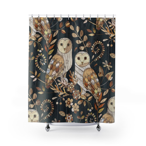 Wooden Barn Owl Collage Shower Curtains
