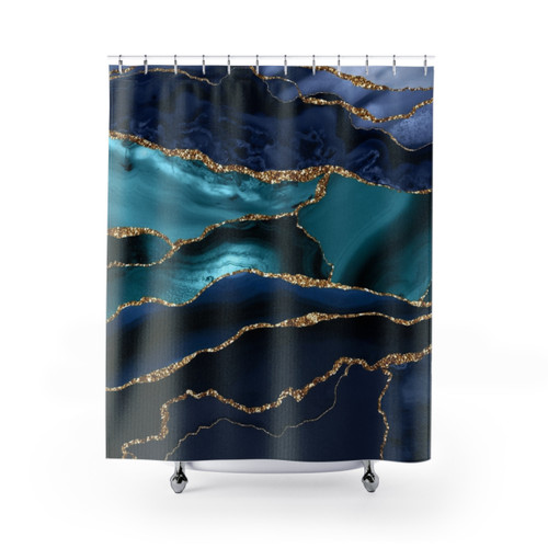 Glamour Ocean Blue Faux Marble Shower Curtains