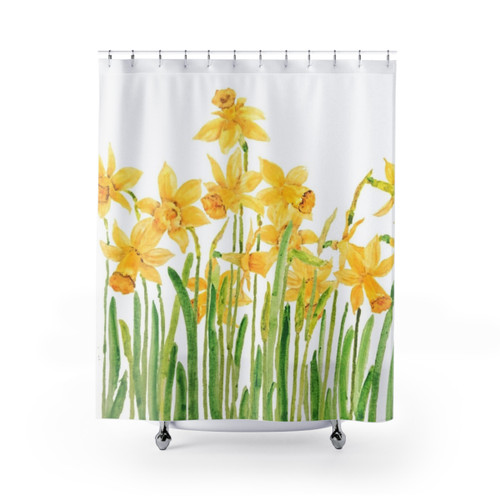 Vibrant hand-painted daffodil field watercolor shower curtain