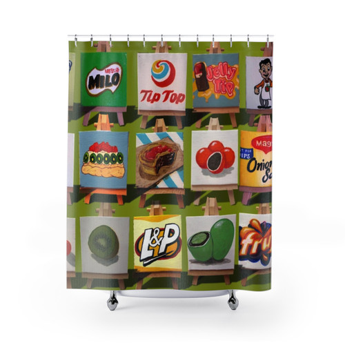 Kiwiana Themed Shower Curtain with Food and Drink Icons