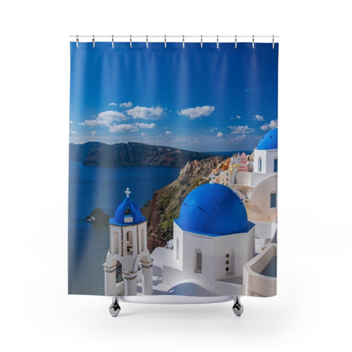 Santorini Greece Shower Curtain with Vibrant Island Scenes