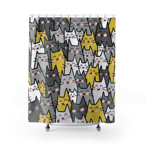 Cat Party Shower Curtains with Gray, Mustard, and Yellow Cats