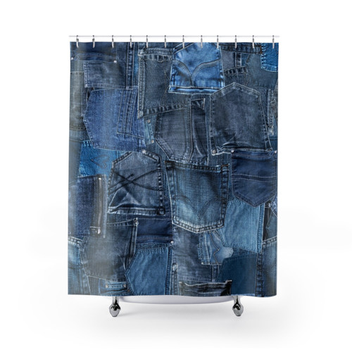 Patchwork shower curtain with denim pocket texture
