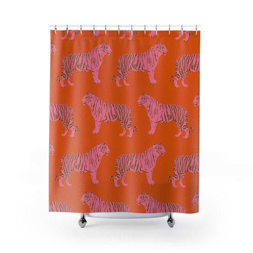 Tiger pattern shower curtains in pink and orange