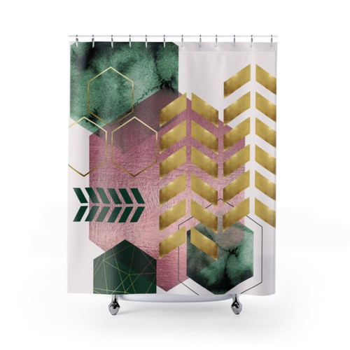 Geometric Emerald Green and Pink Shower Curtains