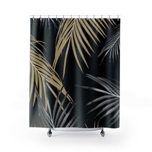 Gold & Gray Tropical Palm Leaves Shower Curtain