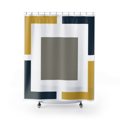 Geometric pattern shower curtains in light mustard, navy, and grey