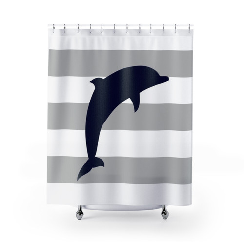 Navy blue dolphin jumping on silver gray striped shower curtain