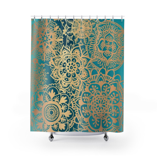Teal Green and Gold Mandala Pattern Shower Curtains